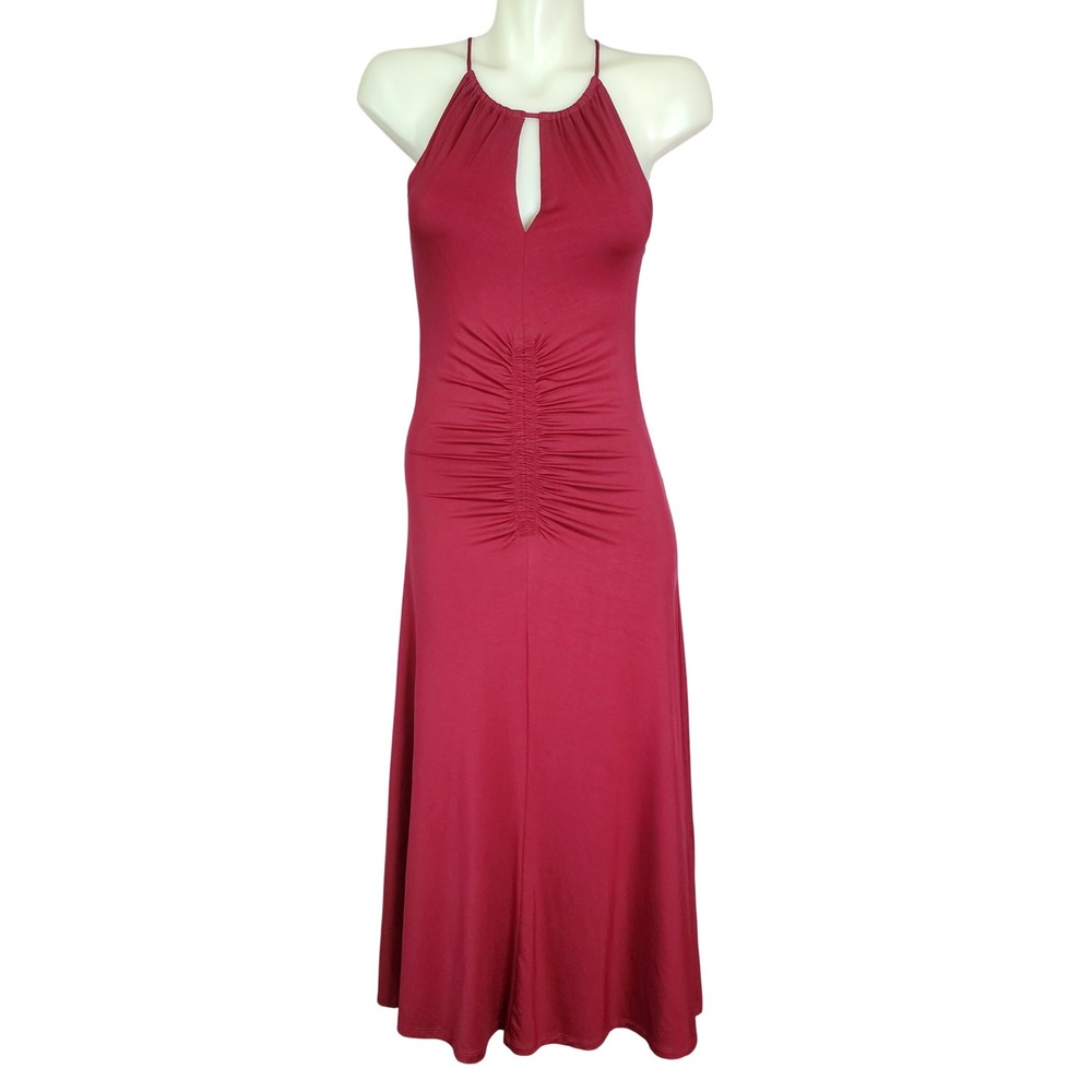 LOFT Petite Red Burgundy Ruched Midi Dress Halter Keyhole Sleeveless Stretch 2P